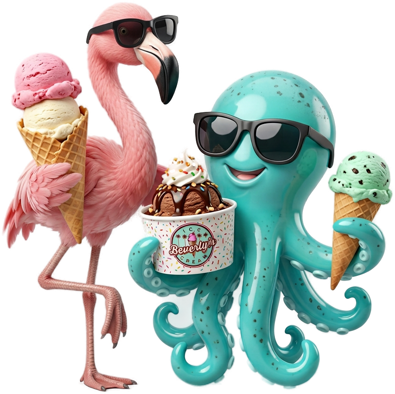 Beverly's flamingo and octopus mascots with a waffle cone, a chocolate sundae cup and a mint chip cone