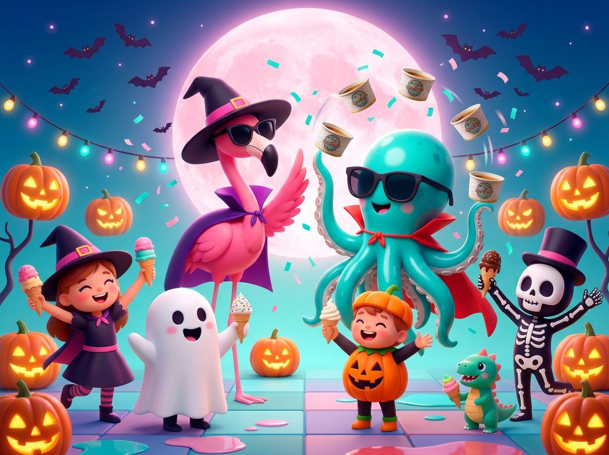 Beverly's flamingo and octopus mascots at the Spooky Scoops Halloween party