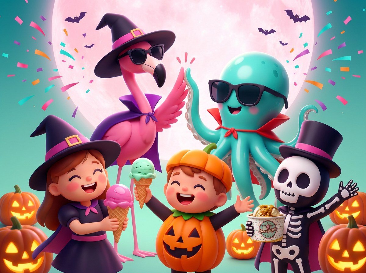 Kids in Halloween costumes with free ice cream at Beverly's